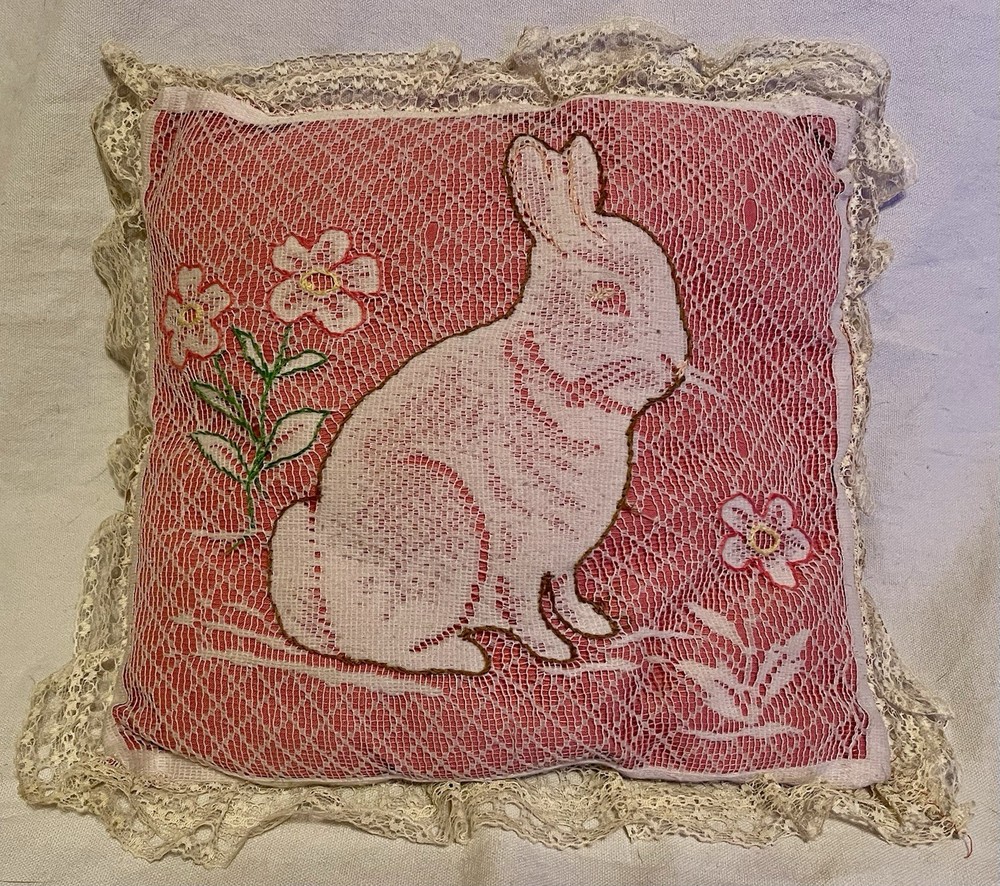 Vintage Handmade Pink & White Easter Rabbit Throw Pillow with Lace
