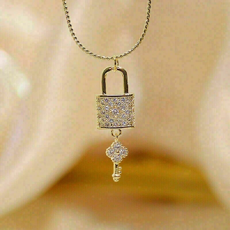 Round Cut Simulated Diamond Lock And Key Pendant Chain In 14k Yellow Gold Plated