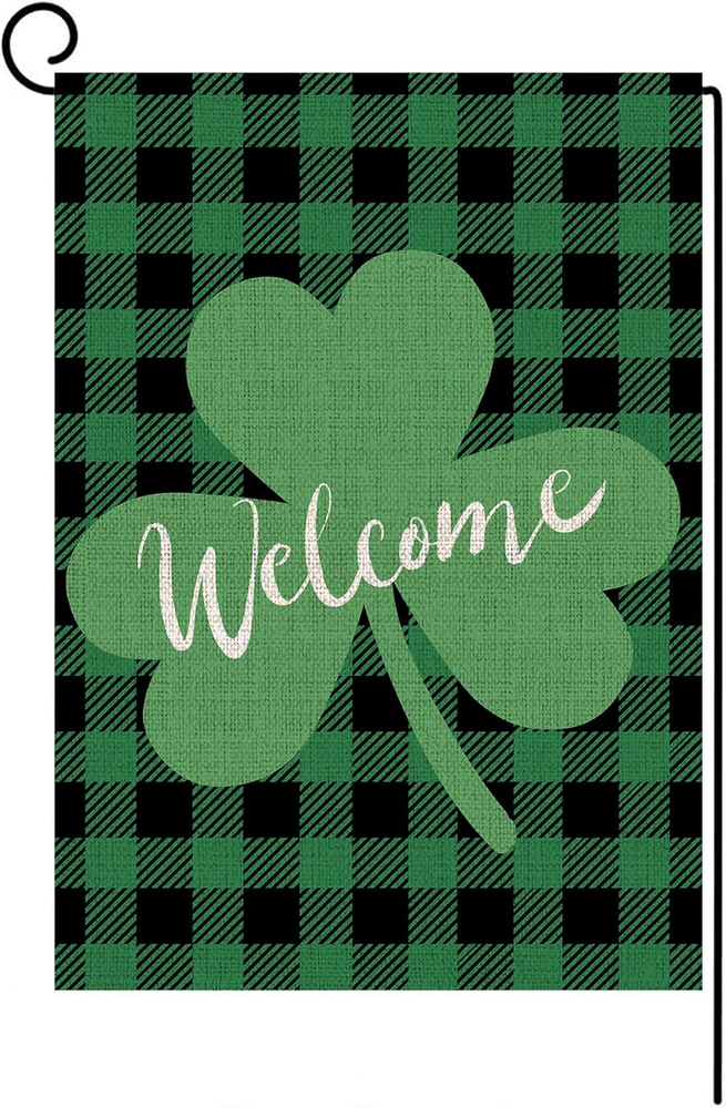 St. Patrick'S Day Garden Flag Vertical Double Sided Buffalo Plaid Burlap Shamroc