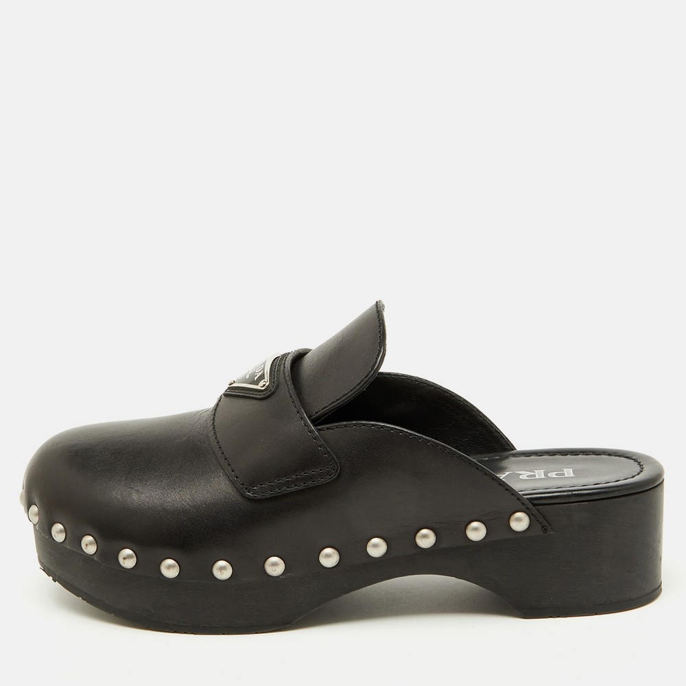 Prada Black Leather Studded Logo Platform Clogs Size 38