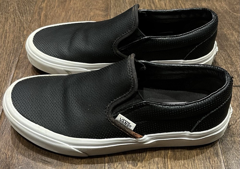 VANS Off The Wall Perforated Leather Black Slip On Skate Shoe Mens 5.5 Womens 7