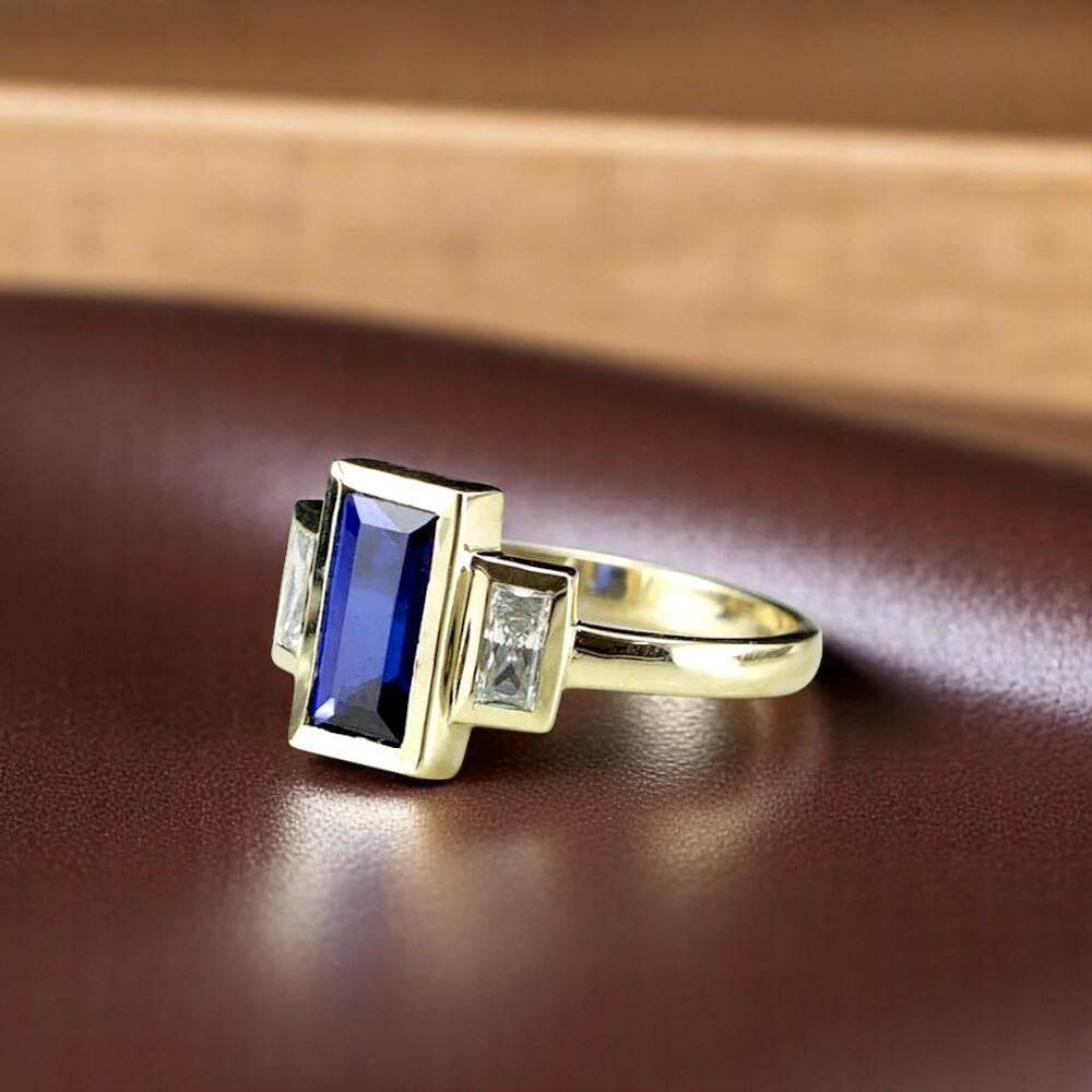 Lab Created Blue Sapphire Baguette 1.90 Ct Diamond Ring 18K Yellow Gold 5 6 7