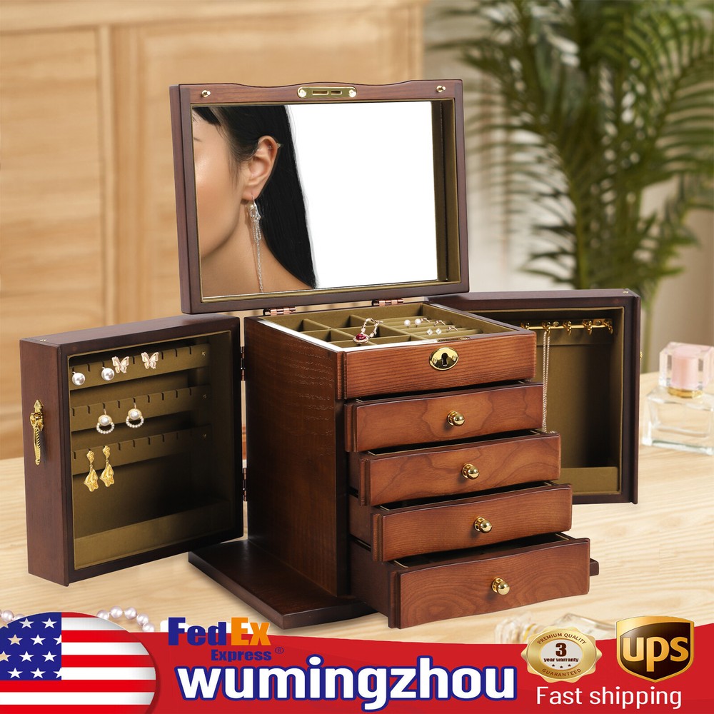 Wooden 5-Layer Large 4 Drawers Jewelry Box For Wowen with Mirror Organizer Box