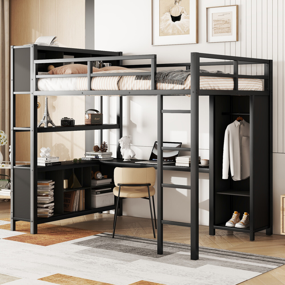 Full Size Black Metal Loft Bed with Wardrobe L-Shaped Desk and Storage Shelves  -image