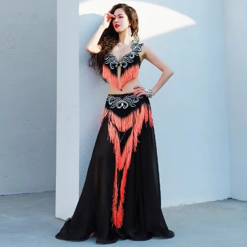Diamond-Studded Belly Dance Costume with Tassel Bra and Long Skirt