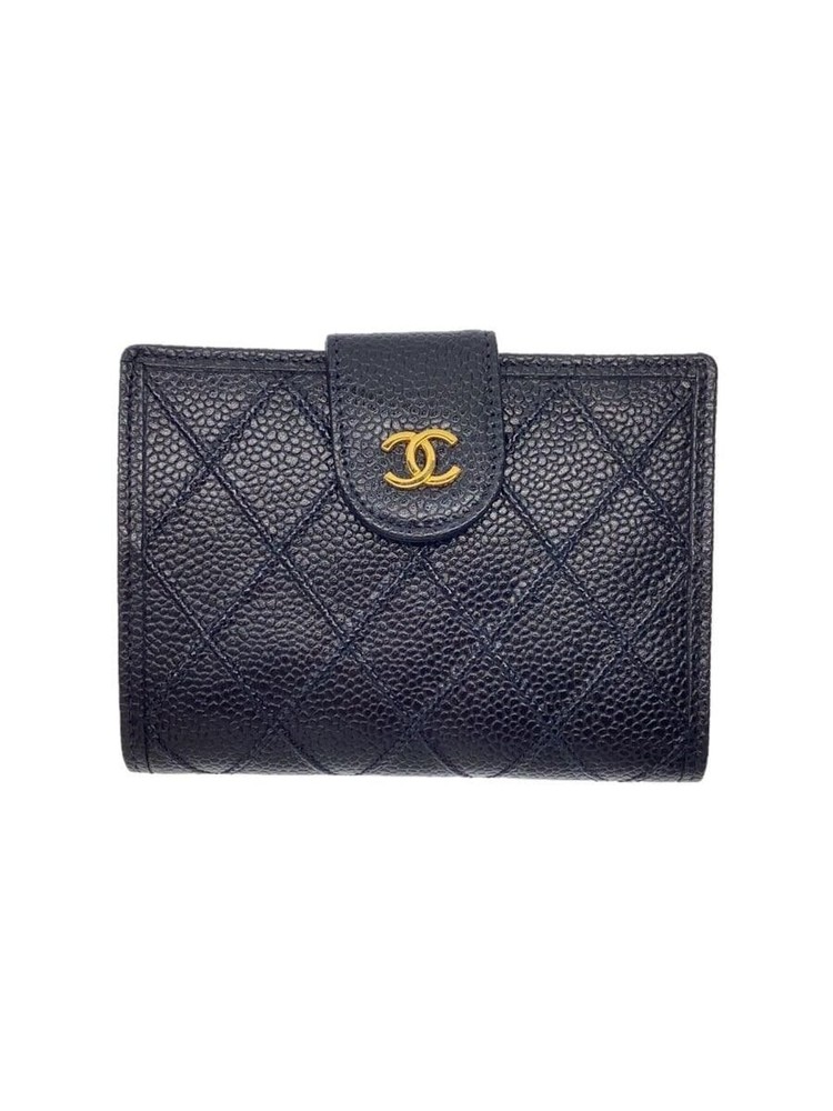 CHANEL Bi-Fold Compact Wallet Diamond Quilted Caviar Leather Black FS Pre-Loved