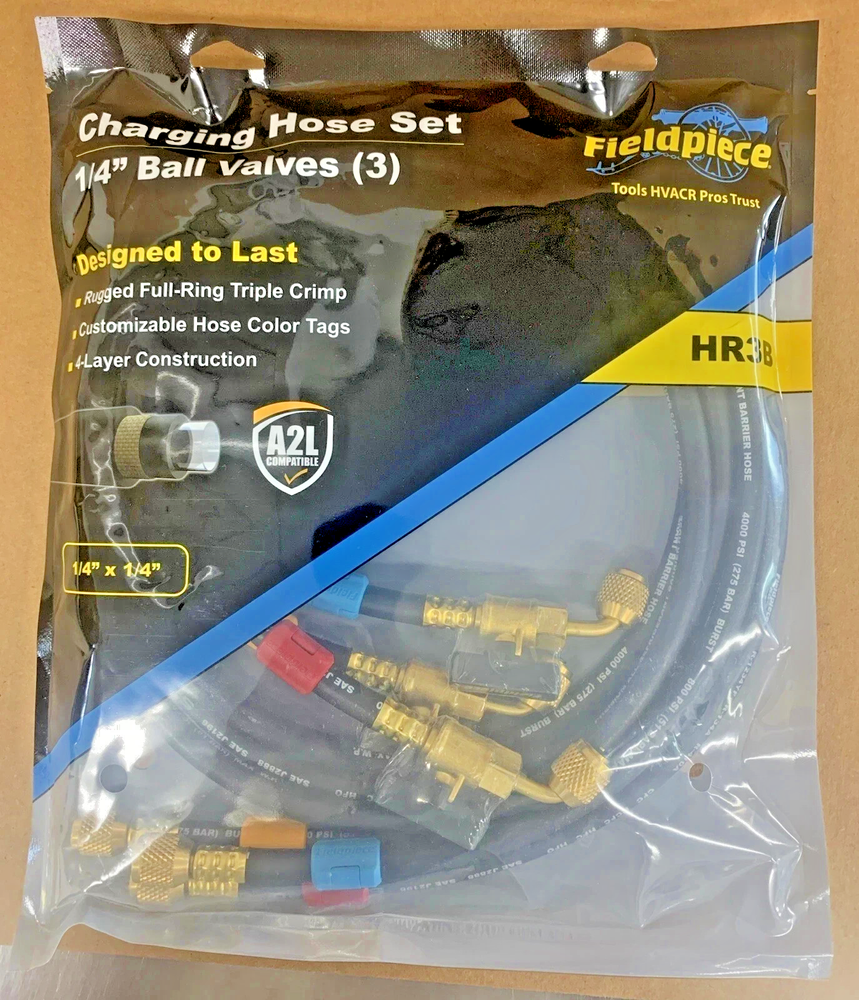 Fieldpiece HR3B Ball Valve Refrigerant Hose Set 3 Pack with Color Tags 1/4