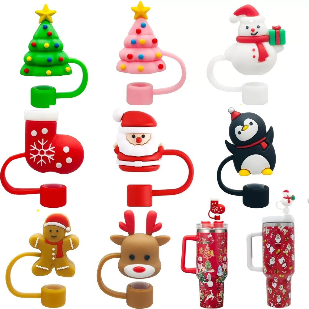 8PCS 3D Christmas Straw Cover Cap for Stanley Cup, Xmas Silicone Straw Topper...