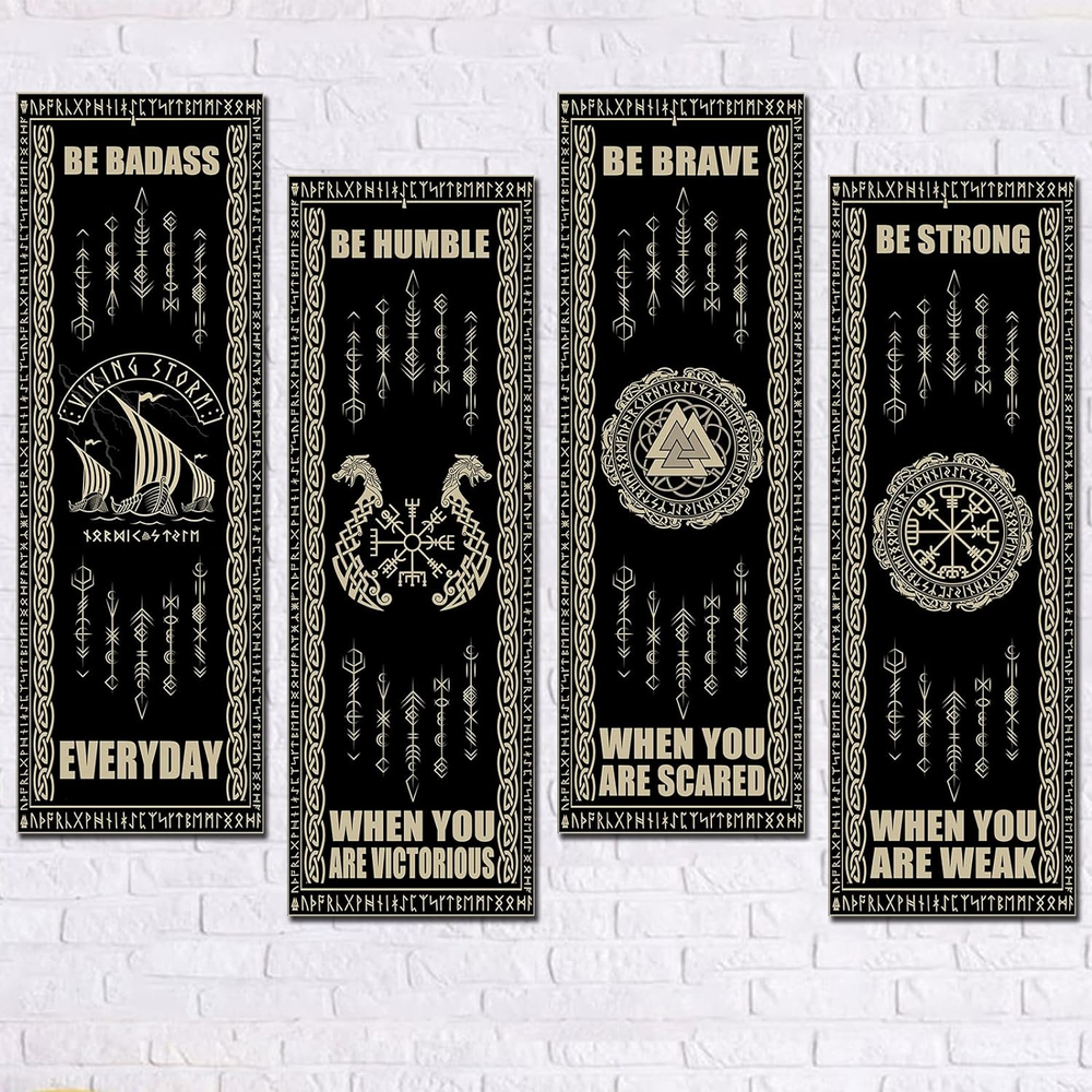 Nordic Vikings Wood Sign 4 Pieces Celtic Drakkar Rune Wall Decor Scandinavian Vi