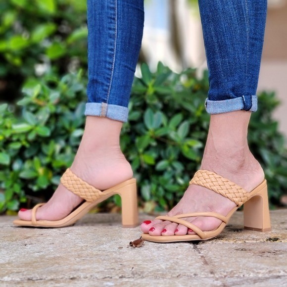 Natural Color Women’s Faux Leather Braided Open Toe Slide Sandals Block Heel