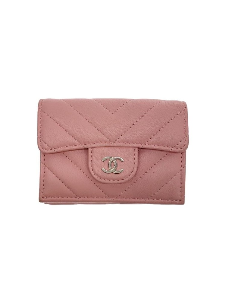 CHANEL Tri-Fold Compact Wallet Chevron Quilted V‑Stitch Pink Leather Pre-Loved