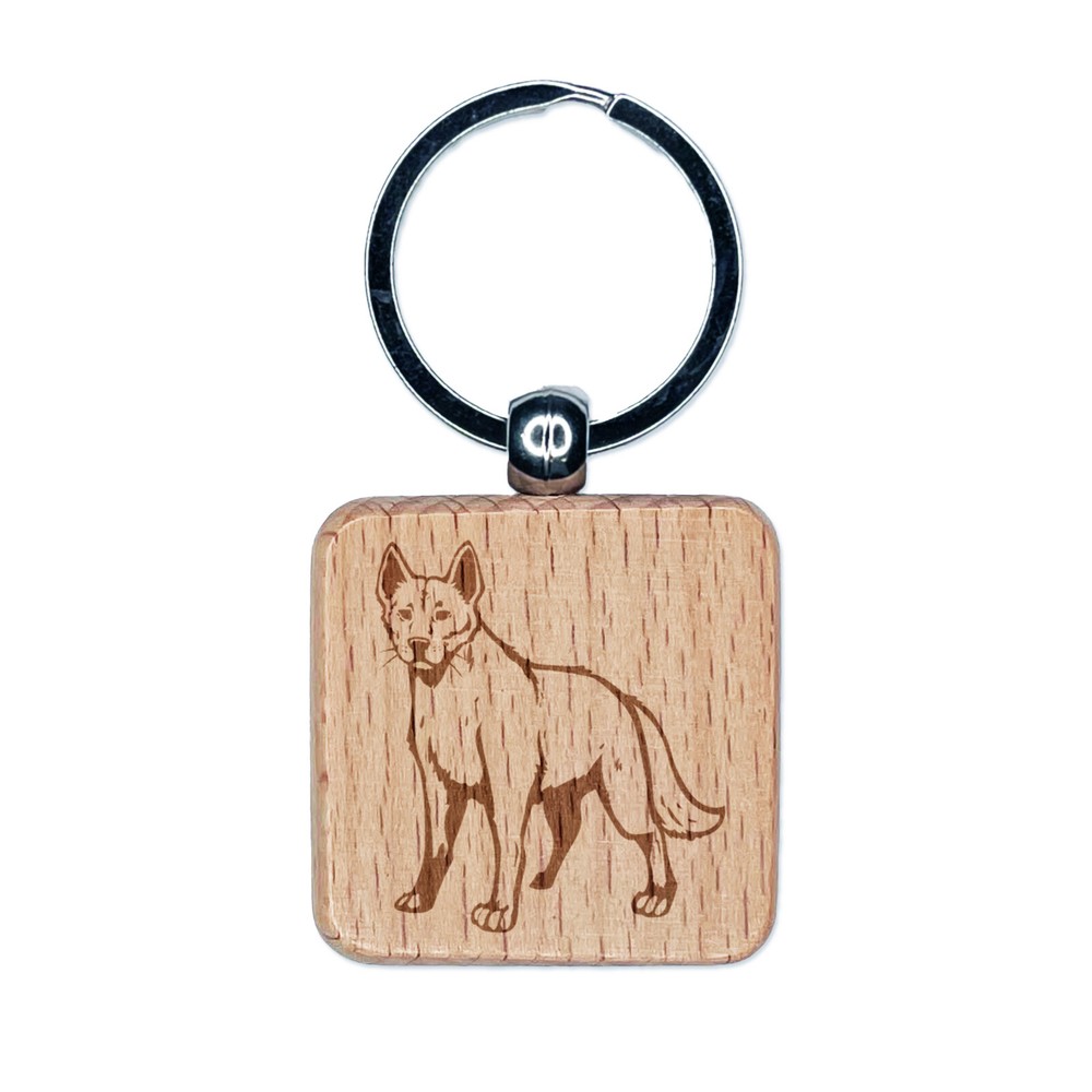 Dingo Australian Wild Dog Engraved Wood Square Keychain Tag Charm