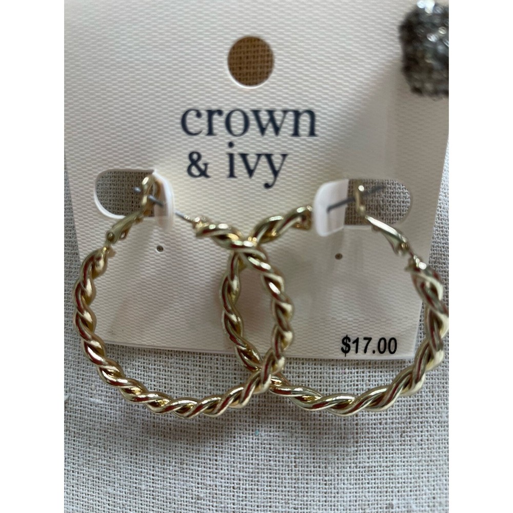 NWT Crown & Ivy Shiny Gold Twisted Braided Hoop Earrings