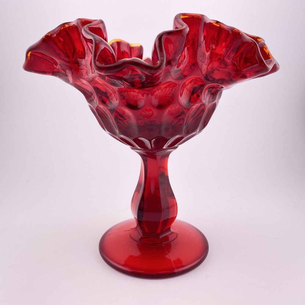 Vintage Fenton Amberina Glass Ruffled Thumbprint Pedestal Compote Candy Dish