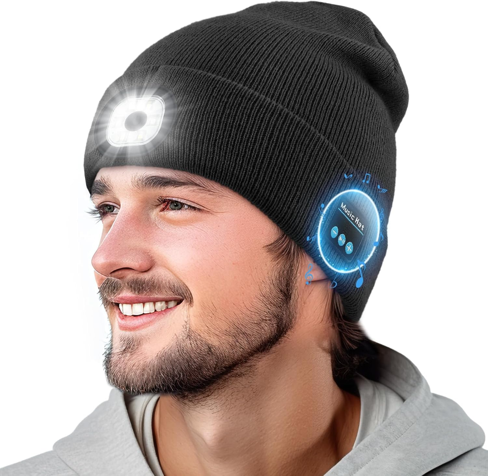 Bluetooth Beanie Hat with LED Light – Wireless Music Cap for Running, Hiking, Wi