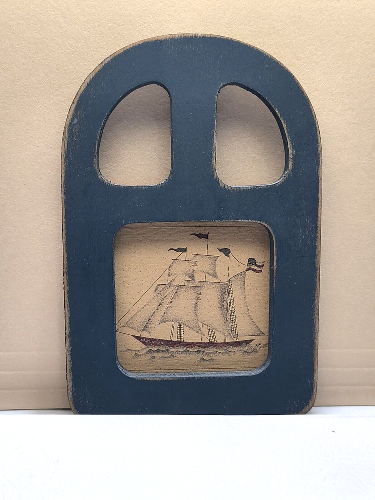 Vintage Small Blue Wooden Wall Hanging Decor With US Sailing Ship Print 3.25x5