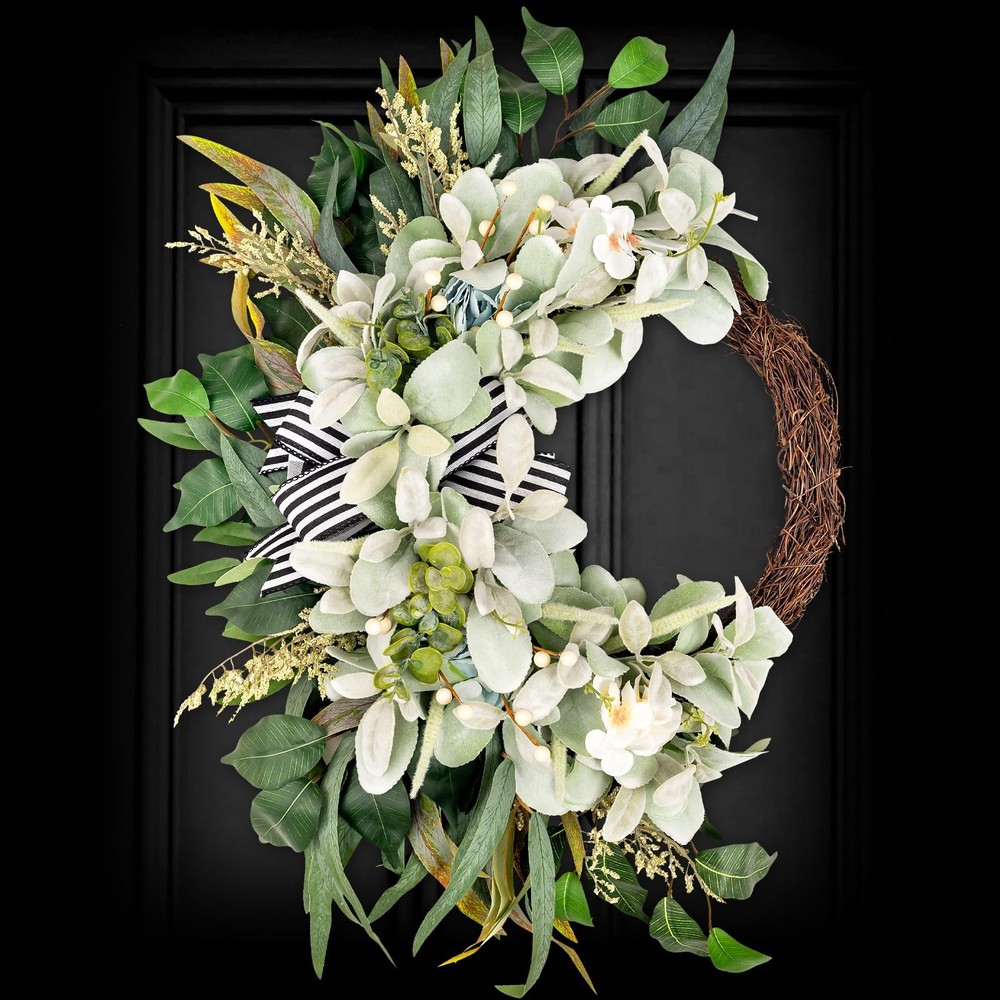 Year Round 20 Inch Artificial Green Spring Summer Lambs Ear Wreath for Front Door