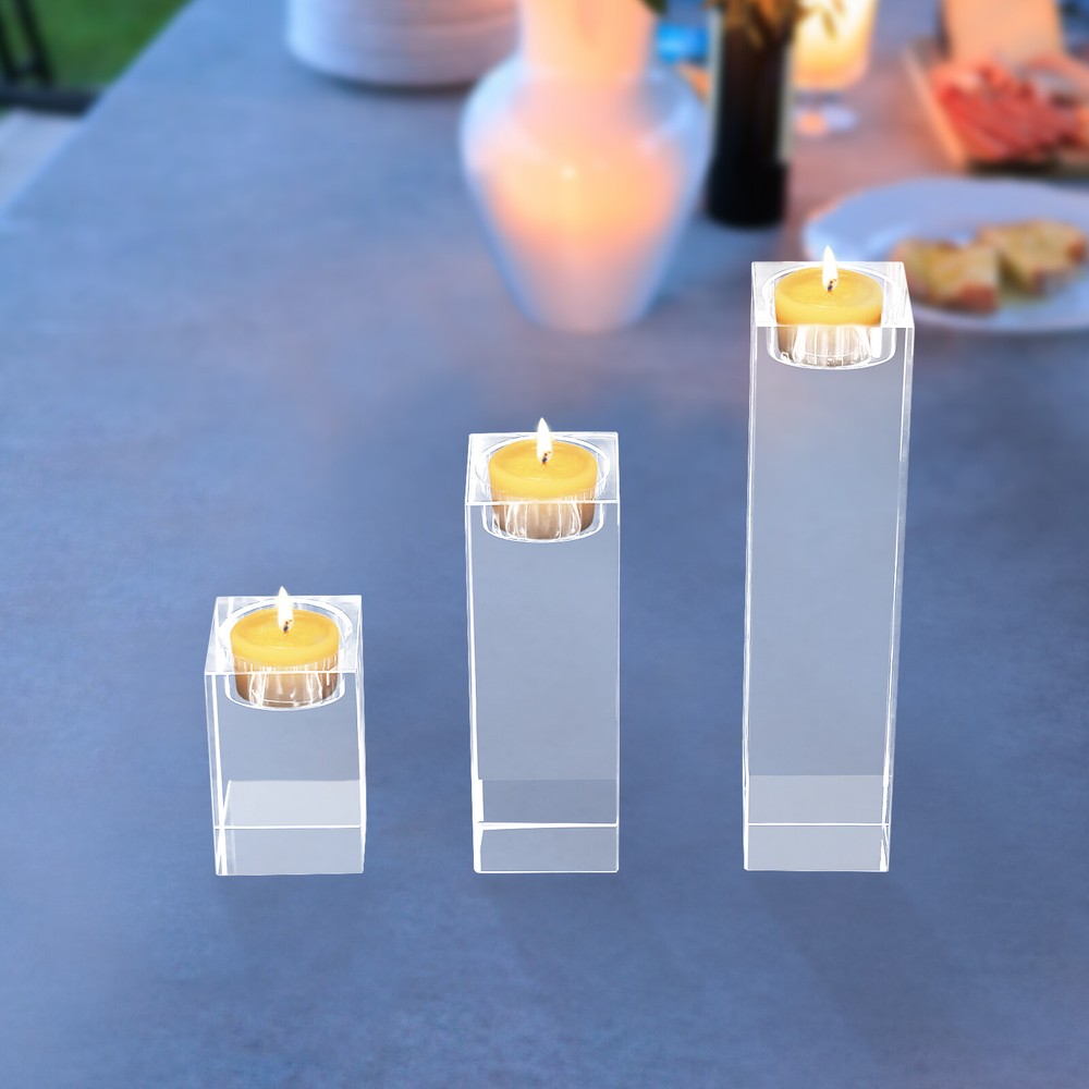 3pcs Glass Candle Holder Crystal Clear Pillar Candle Stand Clear Glass Tealight