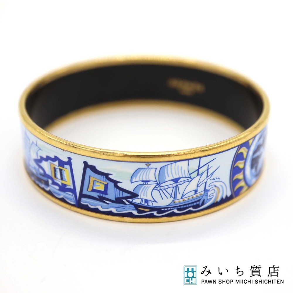 Hermes Cloisonne Blue Sailing Boat Bangle K1161 Pre-Owned