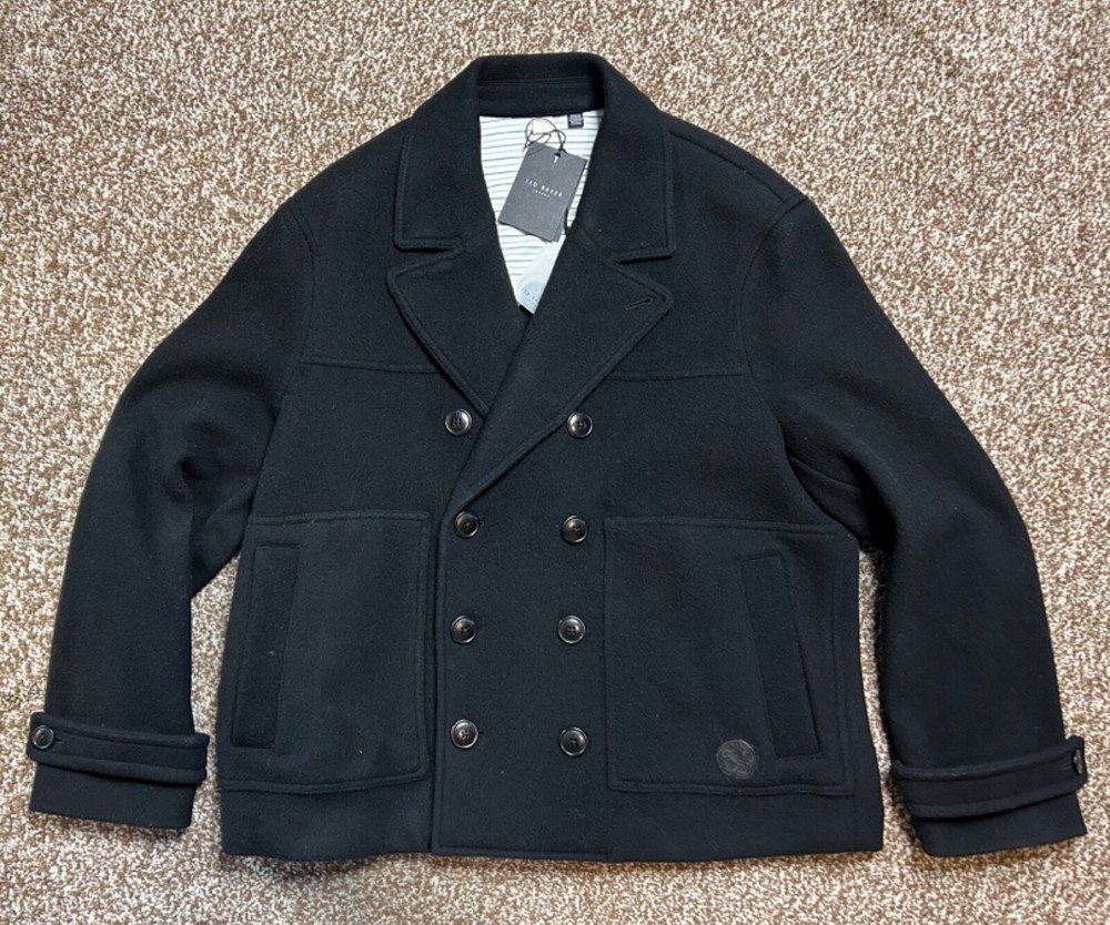 TED BAKER Mens jacket Atllas Black 70% Wool Blend Pea Coat TB 5  XL £325 BNWT