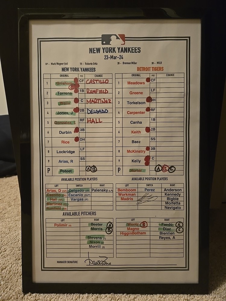 New York Yankees Game-Used Lineup Card vs. DET Tigers 3/23/24 (BEN RICE)