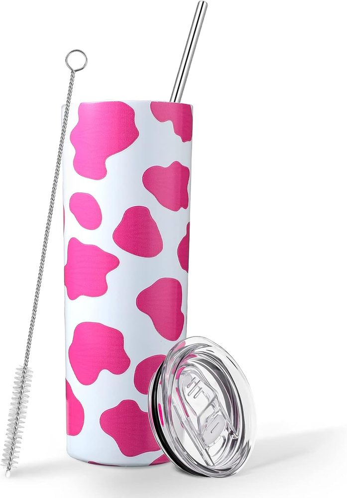 Cow Print Stainless Steel Tumbler with Lid & Straw - Insulated Slim Design
