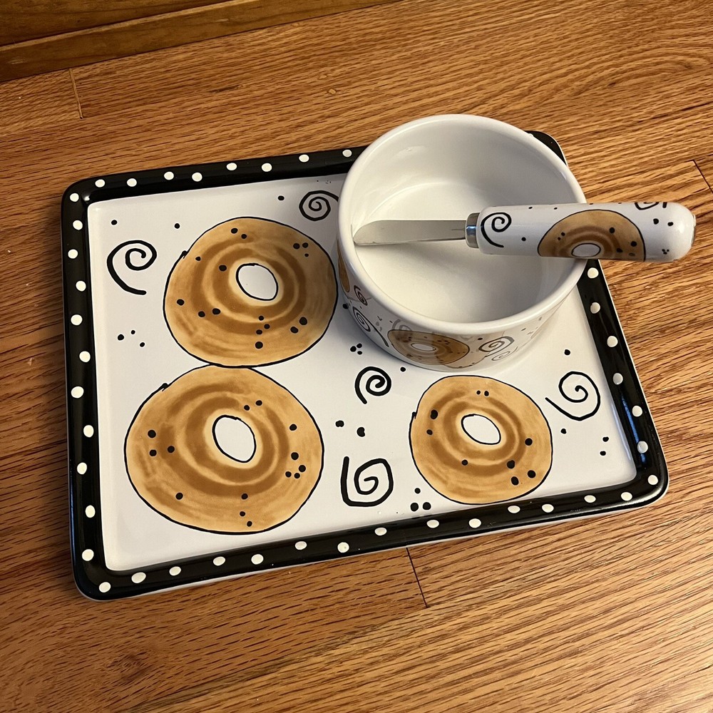 Rectangular Bagel and Cream Cheese Serving Platter with Bowl