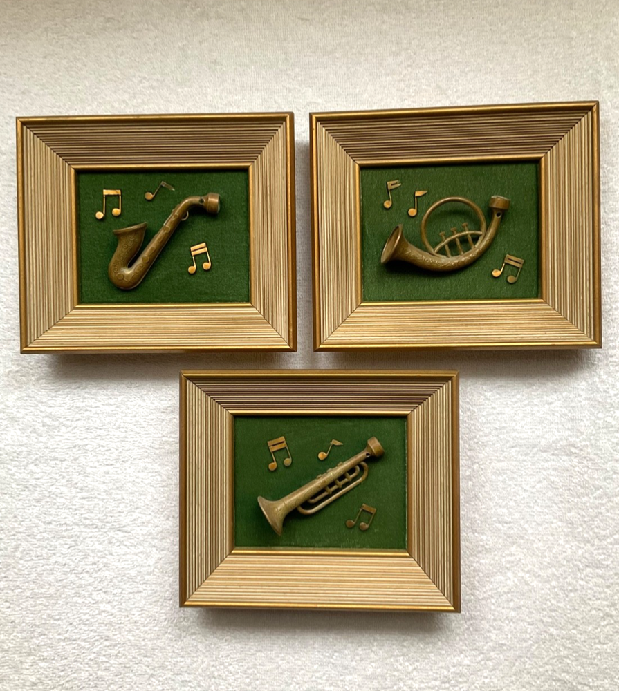 Set of 3 Framed Musical Wind Instruments, Wall 3D Shadow Box Plaques Vintage