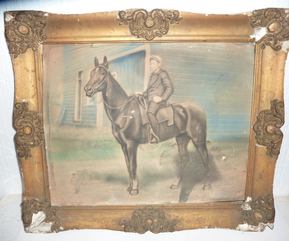 Antique Framed Large Horse Print Colorized Photo Boy On Horse Equestrian