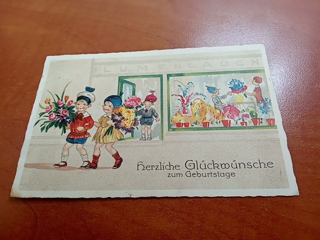 Postcard - Happy Birthday, Children in Front of Flower Shop - 1933