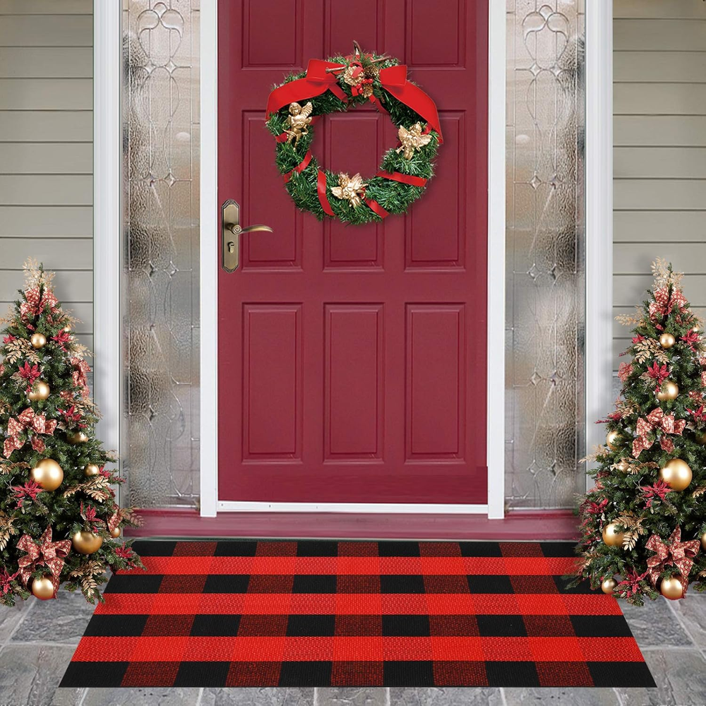Christmas Door Mat Outdoor 27.5 X 43 Inch Red and Black Plaid Rug Christmas Deco