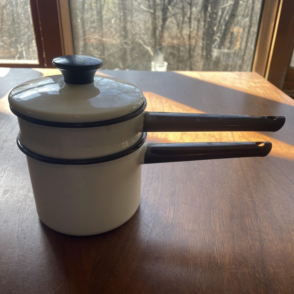 Vintage Small White Enamelware Sauce Pan Double Boiler w/Black Handles and Trim