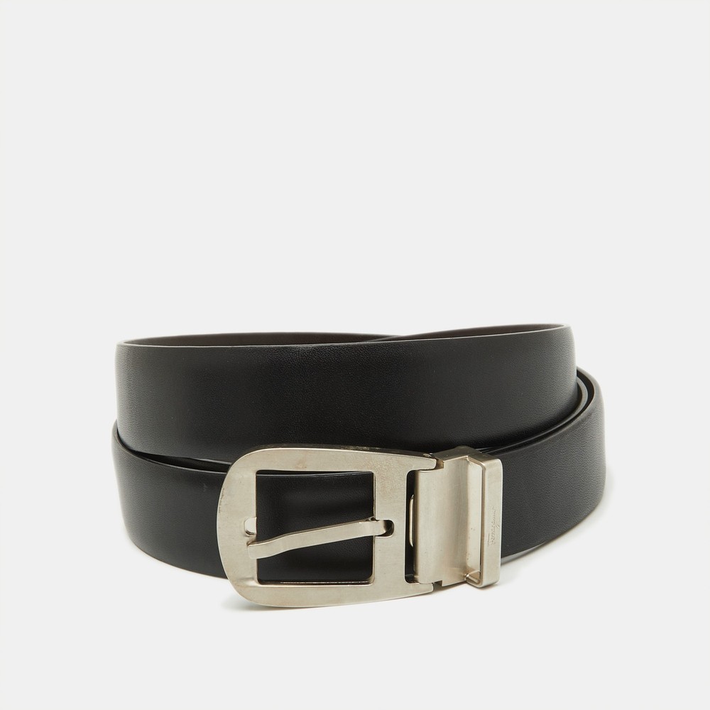 Ferragamo Black Dark Brown Leather Adjustable Buckle Belt