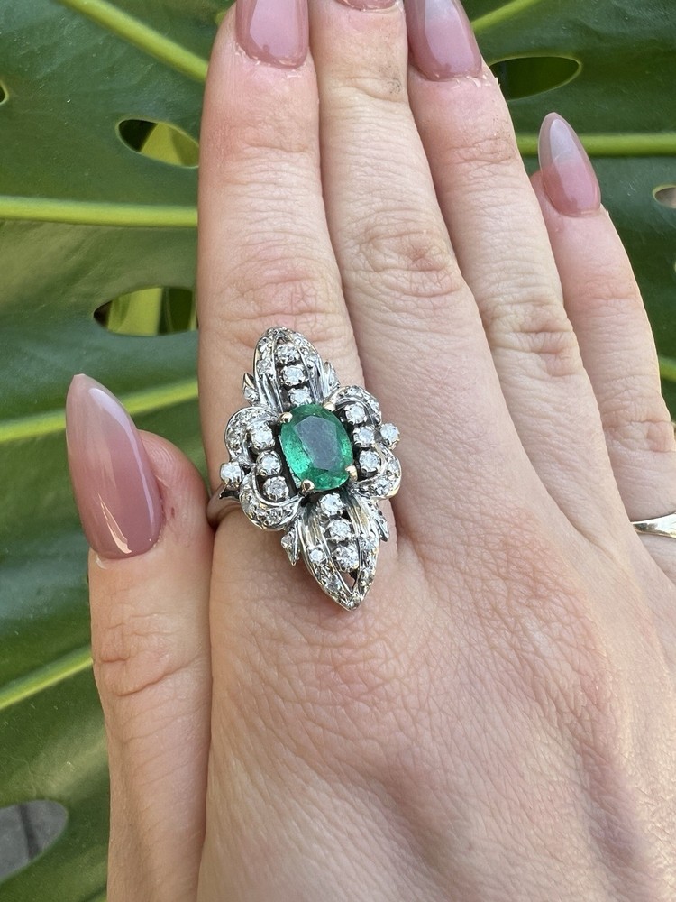 STUNNING 1ct EMERALD ring 14k white gold MANY diamonds MAY birthday ART DECO