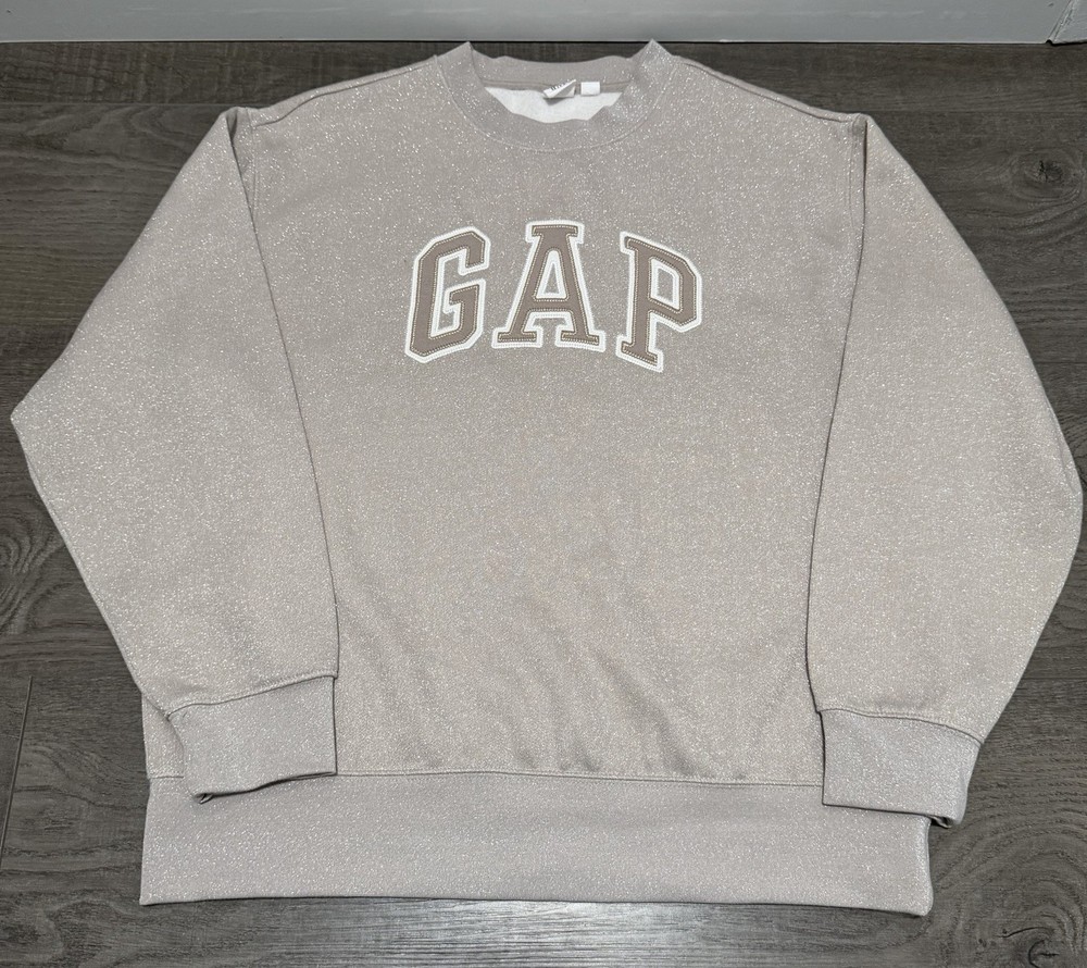 GAP Womens Sweatshirt Brown Size M Medium Spellout Glitter Tan Taupe, NWOT