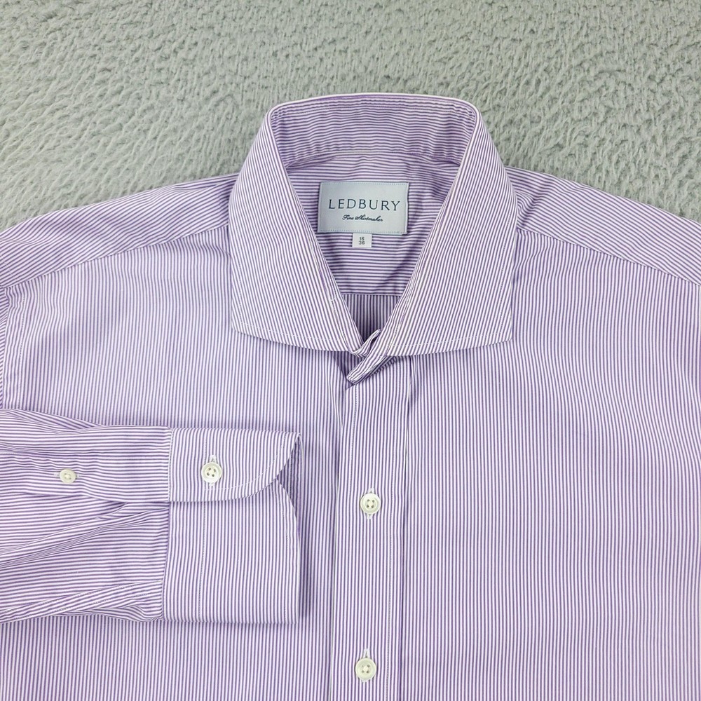 Ledbury Dress Shirt Mens 16 Purple Stripe 100% Cotton Long Sleeve