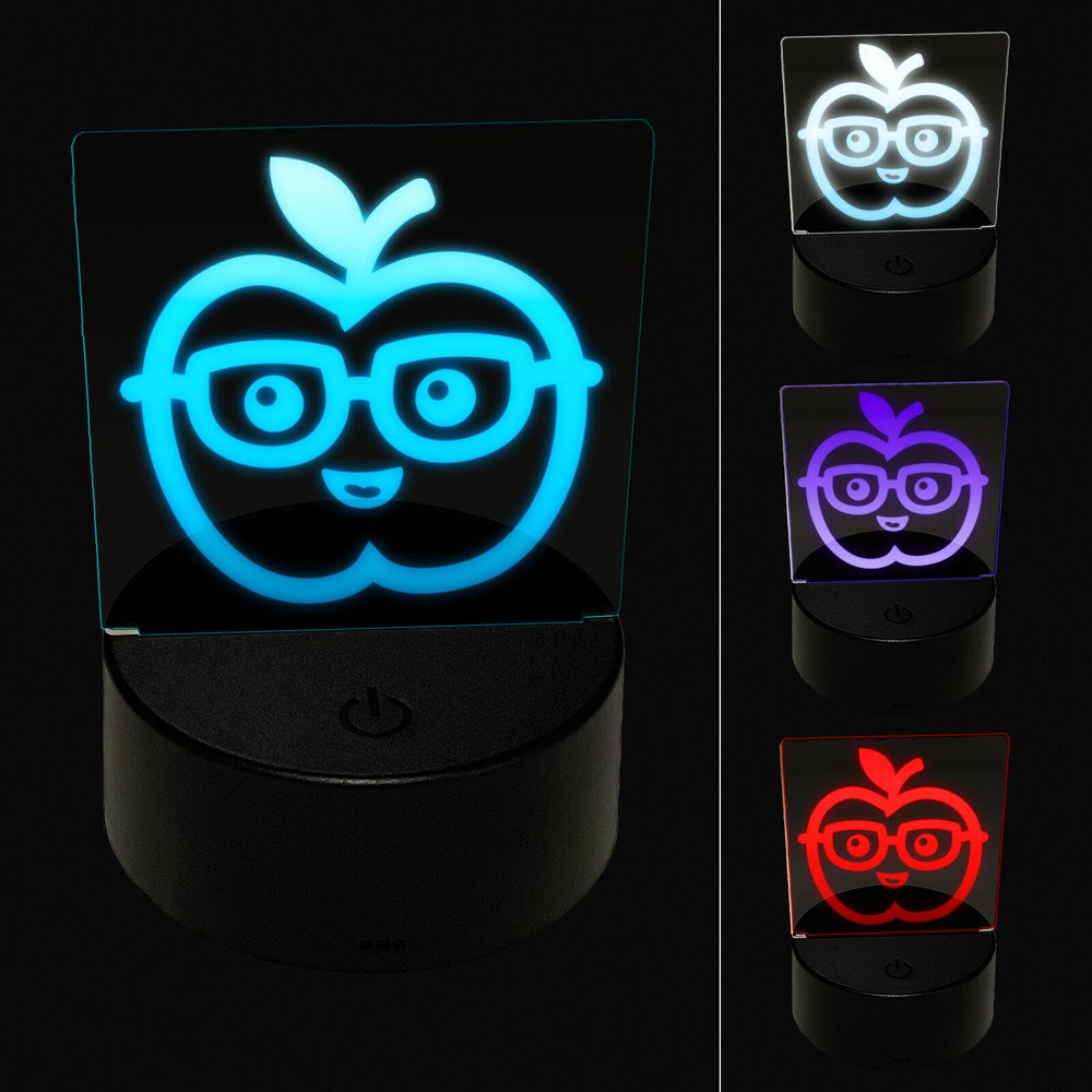 Cute Kawaii Apple Smart with Glasses 3D Illusion LED Night Light Sign Lamp