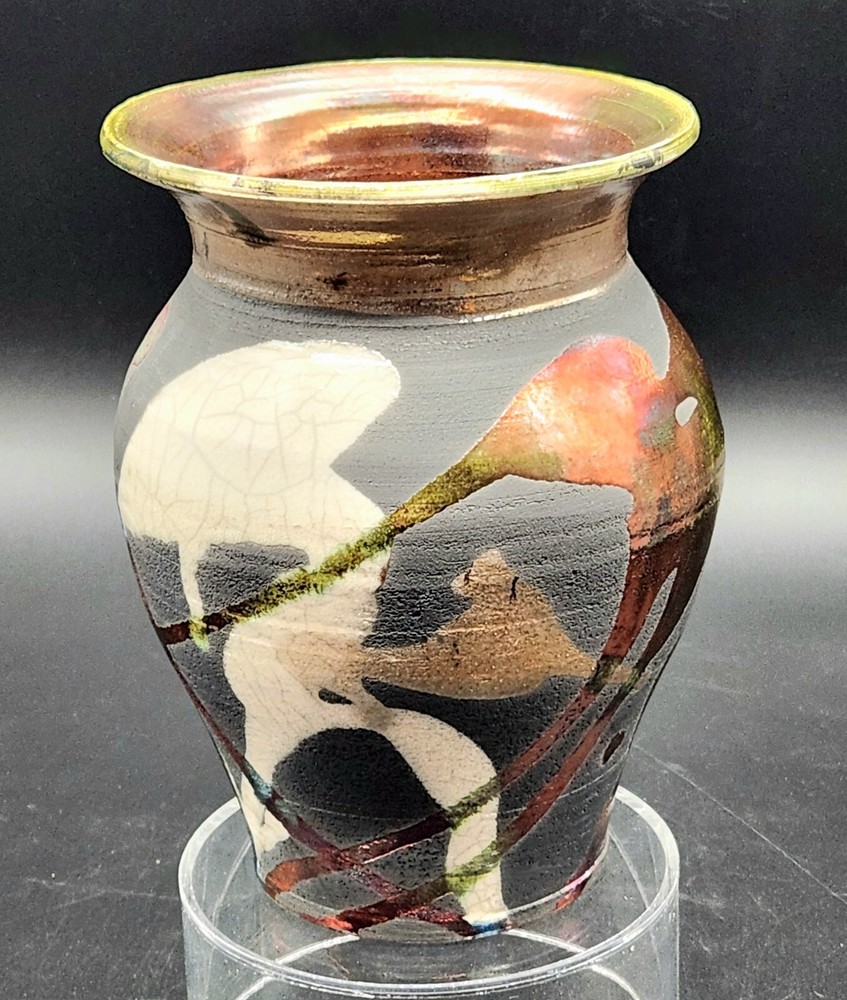 Vtg Signed Raku Fired Studio Art Pottery Vase 7.75” CA Artist Randy Snyder 1998