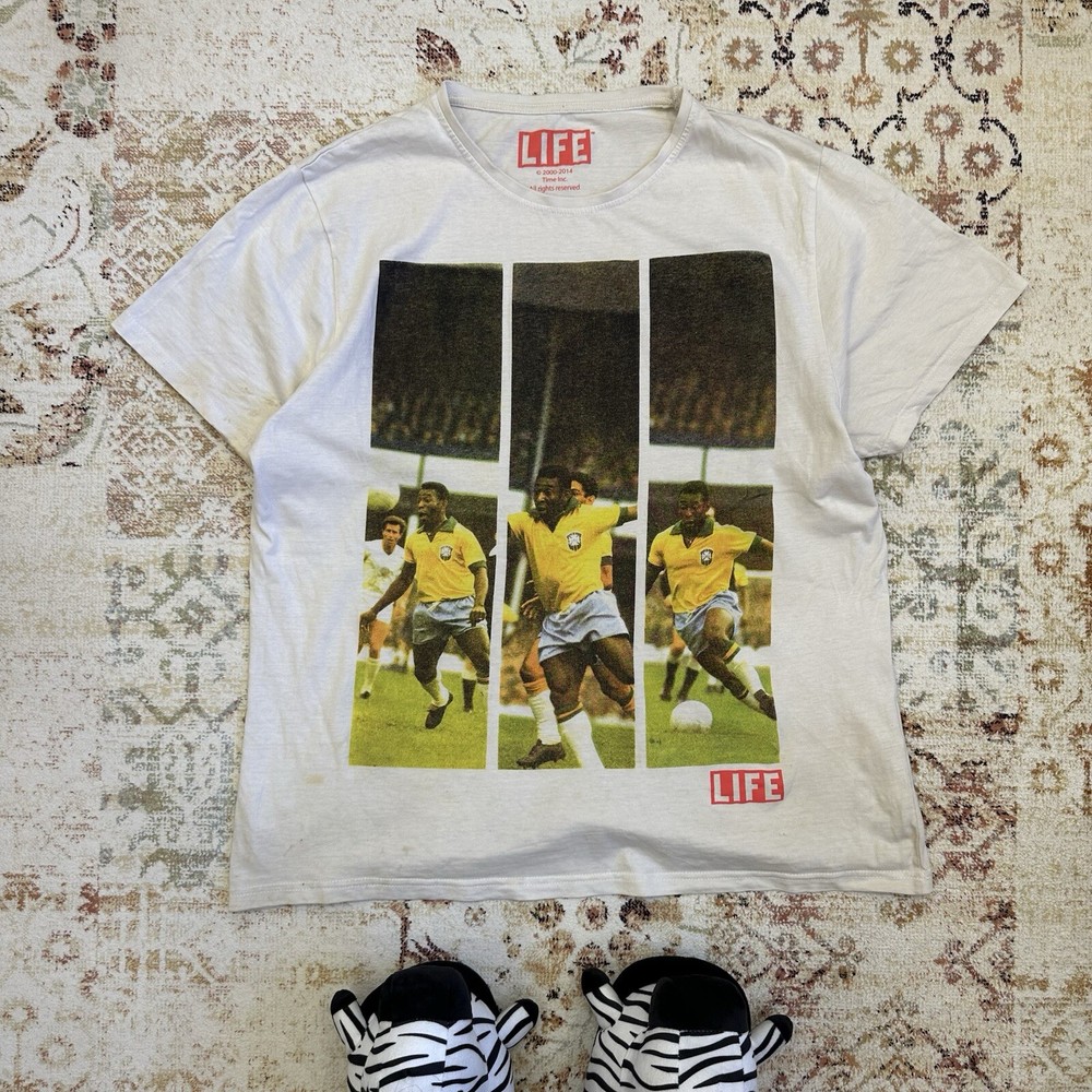 Vintage Y2K LIFE T-shirt with USA humor and Brazil football art