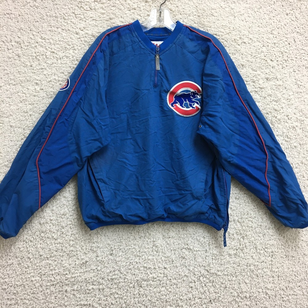 VINTAGE Majestic Chicago Cubs Jacket Medium Mens Blue Baseball 1/4 Zip Pullover