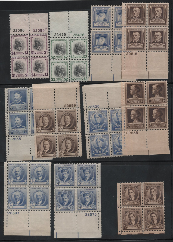 US 1938–40 COLLECTION OF 22 BLOCKS OF FOUR  W/ PLATE NUMBERS EXCEPT ONE ALL MNH