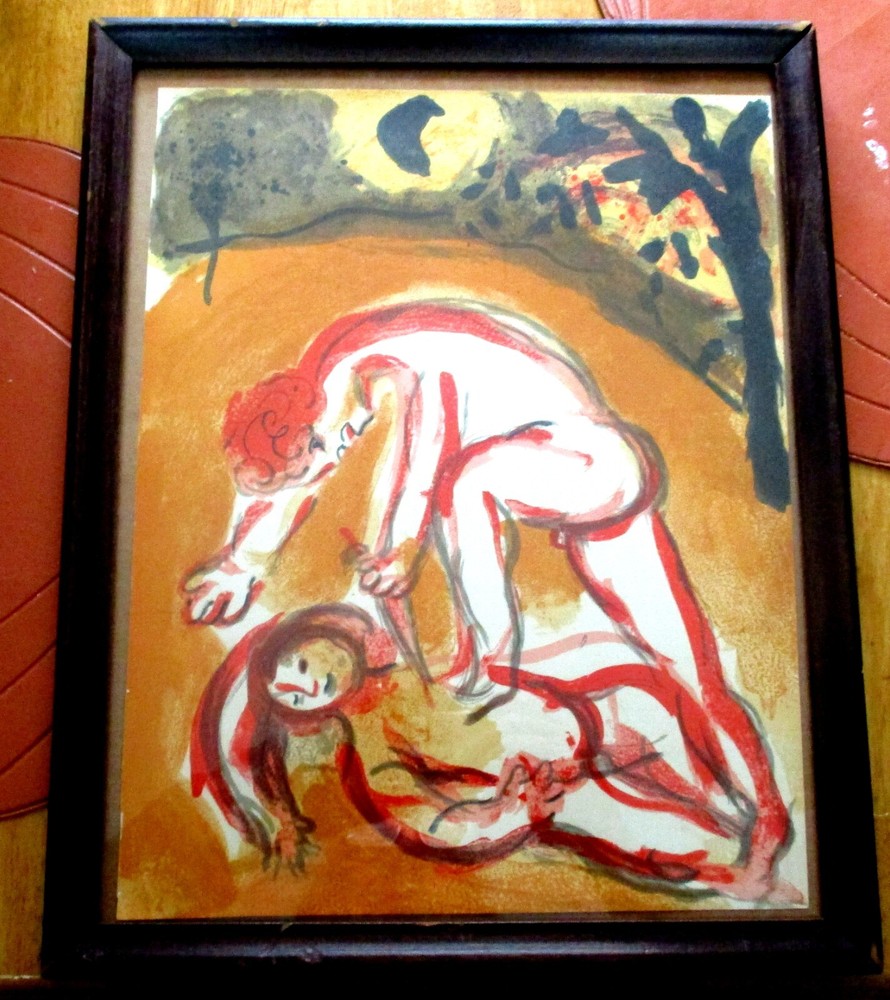Rare 1960 Marc Chagall Lithograph Cain and Abel from Bible Drawings