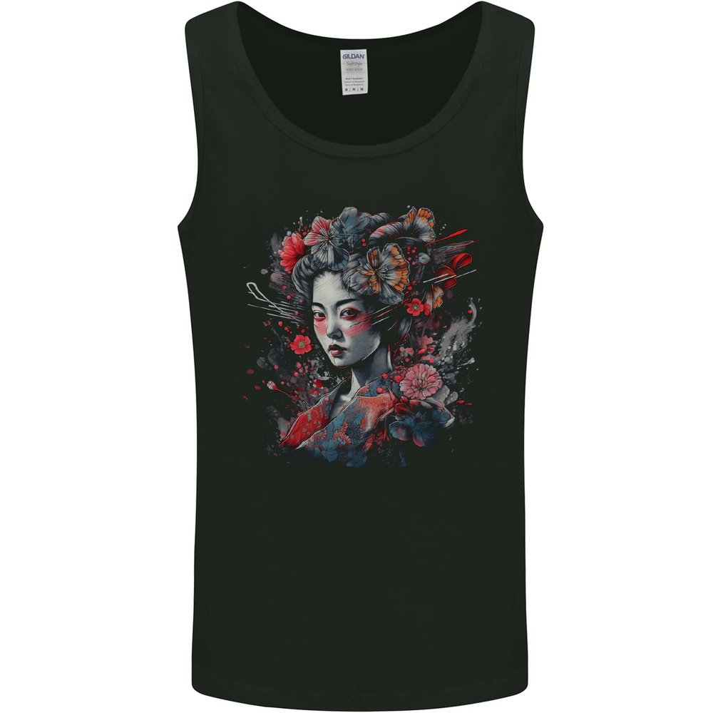 Geisha Girl With Flowers & Butterflies Fantasy Mens Vest Tank Top