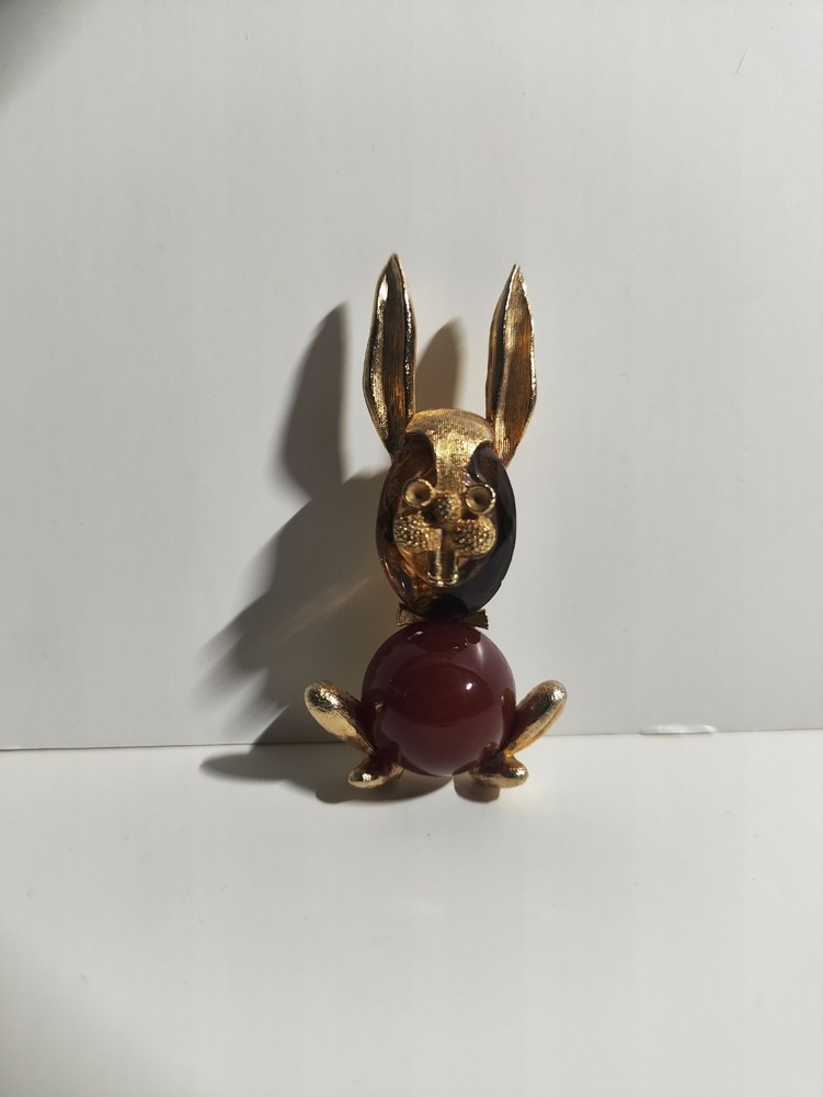 RARE Vintage Rabbit Brooch Pink Jelly Belly Gold Plated Bunny Lapel Pin