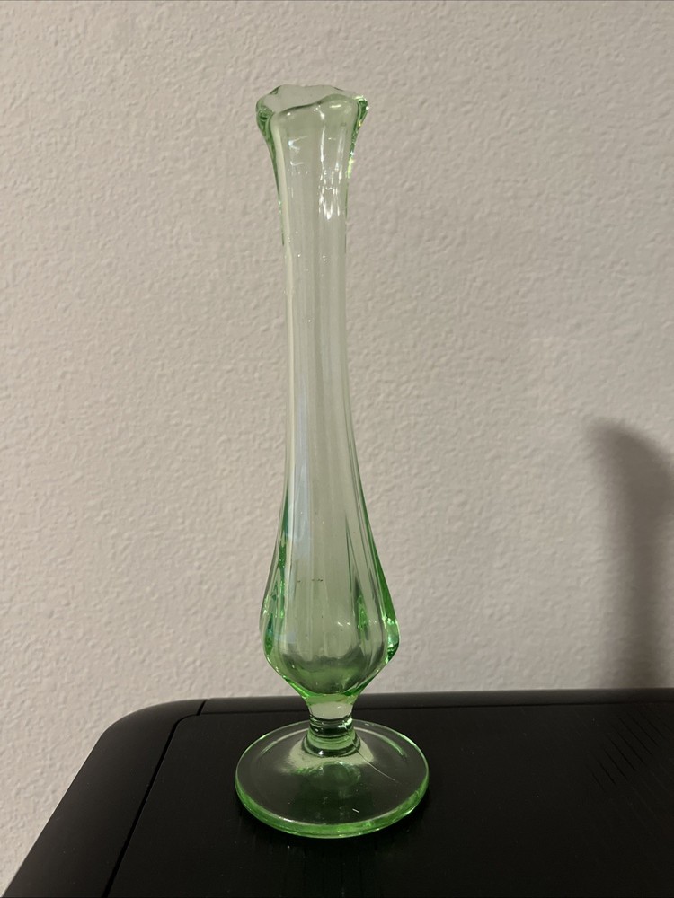 Vintage Uranium Green Glass Swung Bud Vase with Fluted Lip 8 Inch Vaseline Glass