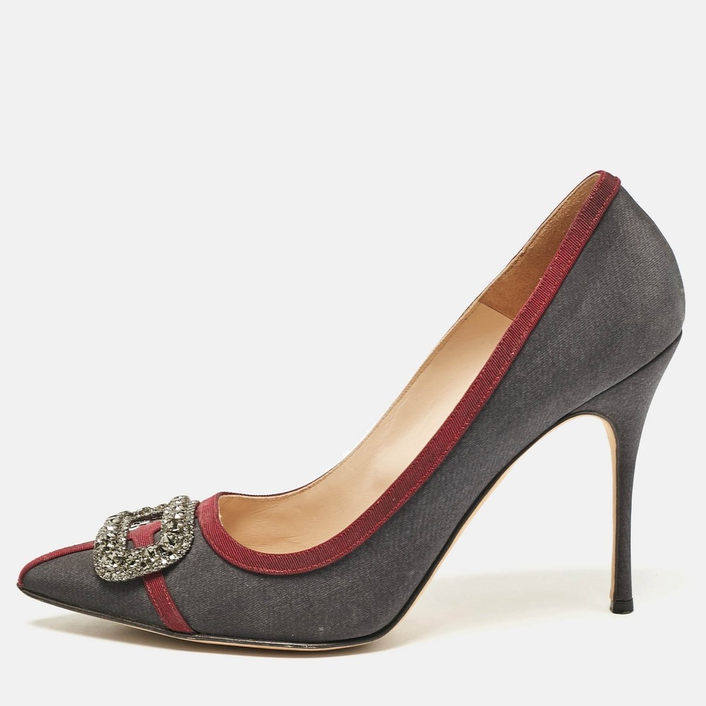 Manolo Blahnik Grey/Burgundy Satin Crystal Gotrian Pumps Size 42
