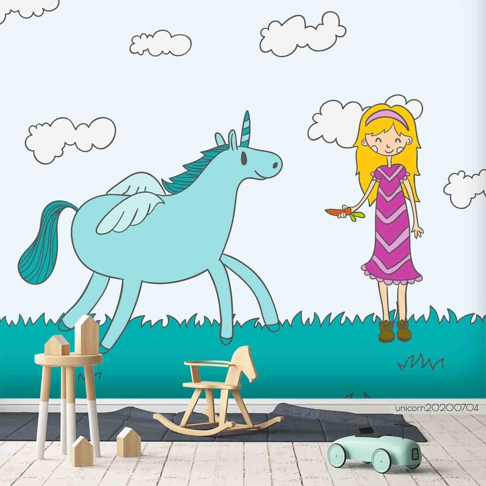 3D Unicorns Girl Clouds Illustration Wall Murals Wallpaper Murals Wall Sticker
