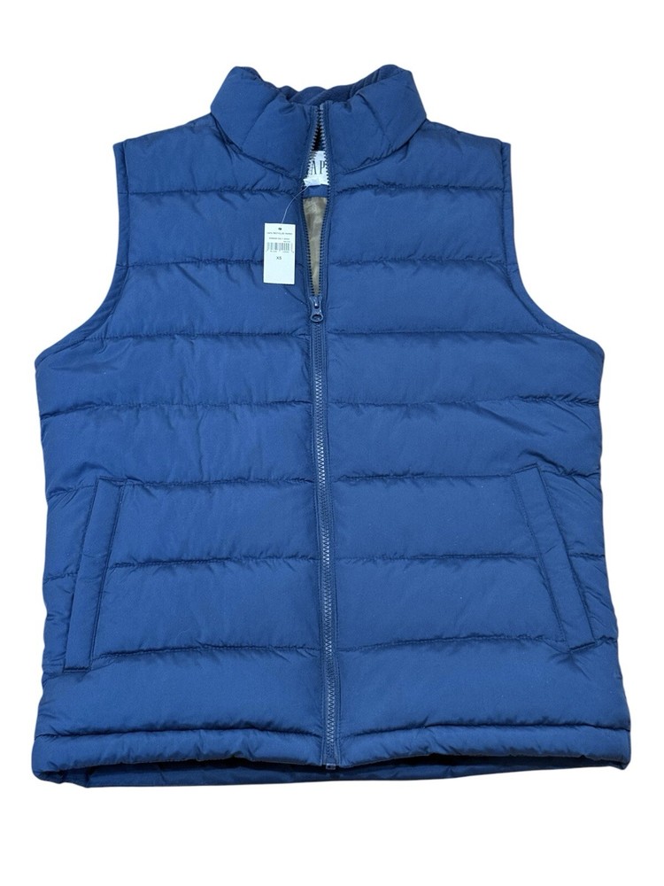 GAP XS NWT Men’s Blue Puffer Vest Army Green Lining Fleece Lined Collar Teen Boy