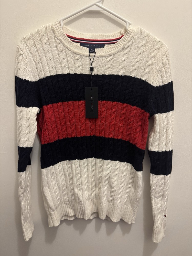 Tommy Hilfiger Mens Red Blue Stripe Cable Knit Sweater M Classic Americana Style