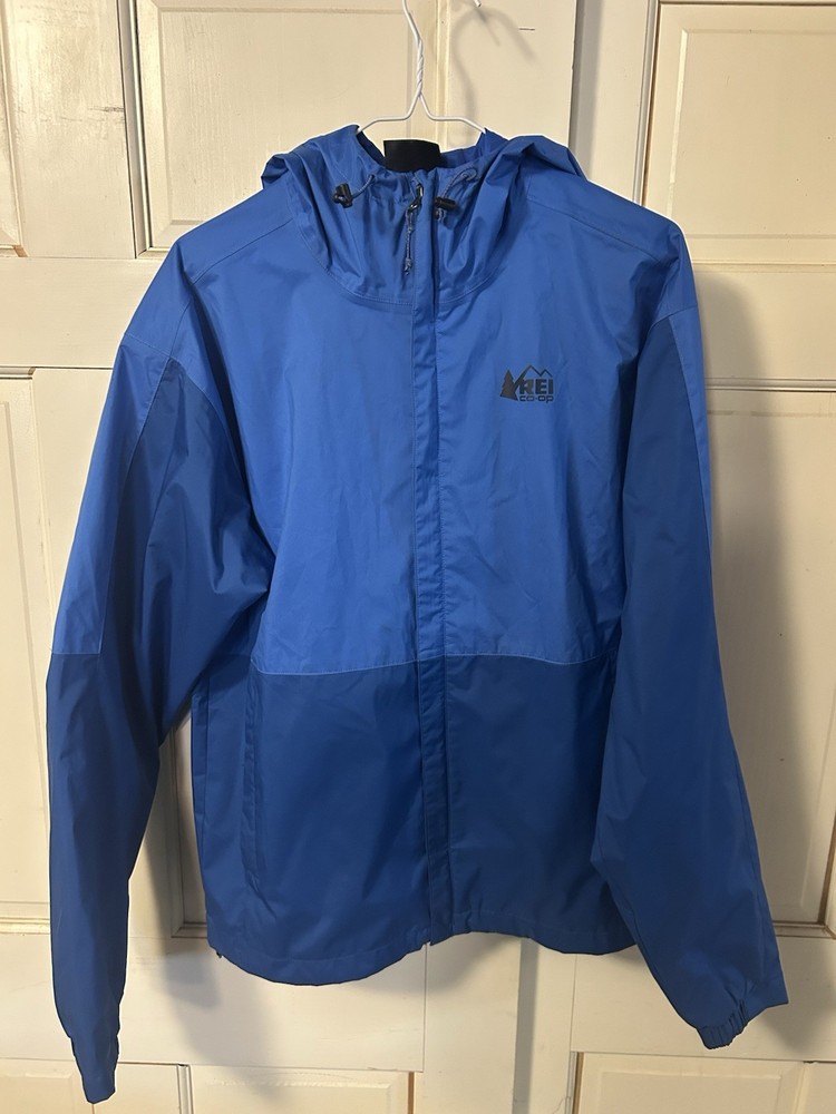 REI Co-op Trailmade Rain Jacket Men's S Blue Hooded Windbreaker Full Zip Pockets